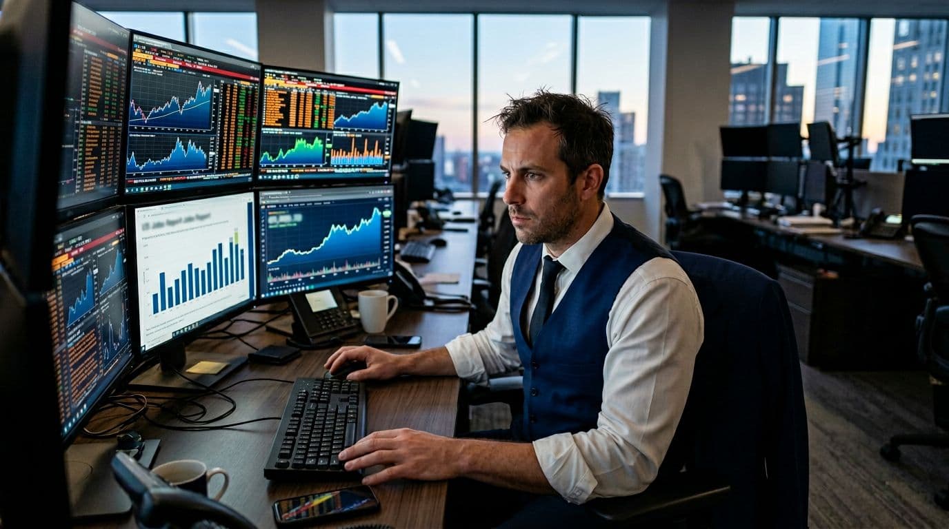 Wall Street trader at desk with multiple screens showing charts, US jobs report news tickers, and Bitcoin price near $70k, focused serious expression, modern office at dawn, realistic style with soft lighting.