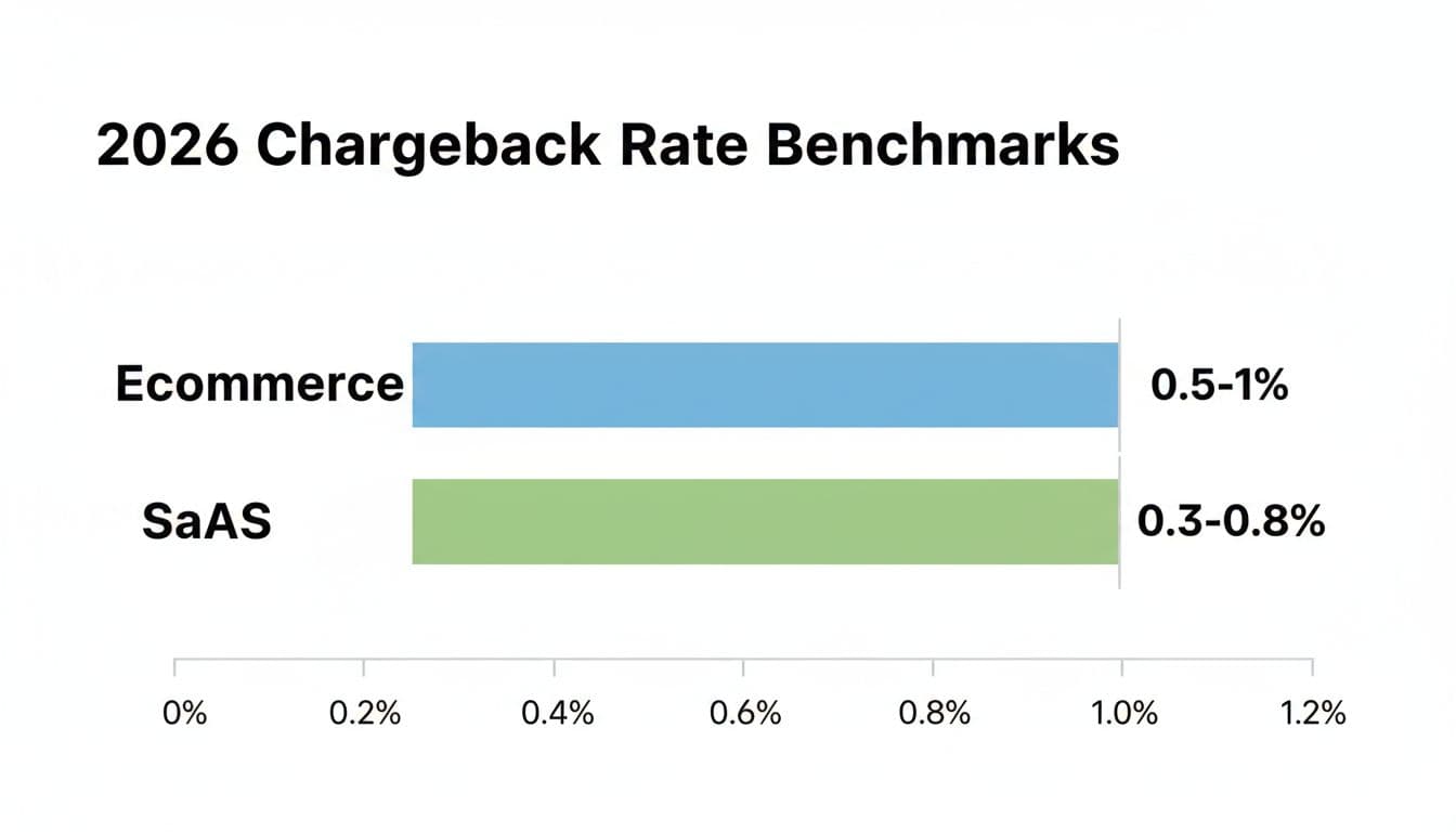 Clean infographic-style bar chart showing average chargeback rates for ecommerce (0.5-1%) and SaaS (0.3-0.8%) in 2026, with simple colors and professional design on a white background.