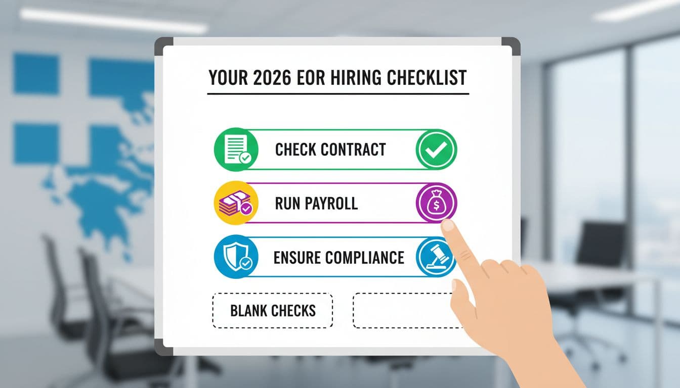 Infographic-style checklist on a whiteboard in a bright office, with icons for documents, contracts, payroll, and compliance stamps. A single hand points to simple steps like check contract and run payroll, subtle Greek map background, flat design, vibrant colors, no faces or extra text.
