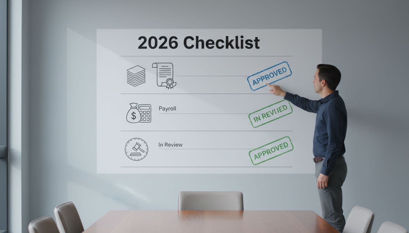 Realistic photo of an infographic-style checklist on a whiteboard in a conference room, featuring icons for documents, contracts, payroll, and compliance stamps, with one person pointing at it and the phrase '2026 Checklist'. Simple clean design with soft lighting visualizes the step-by-step hiring process.