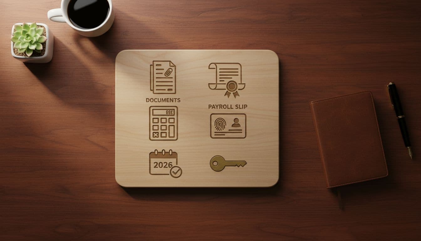 Photorealistic top-down view of a clean, organized visual checklist on a wooden desk with icons representing documents, contract, payroll slip, ID card, and a 2026-marked calendar, under soft office lighting, no text or people visible.