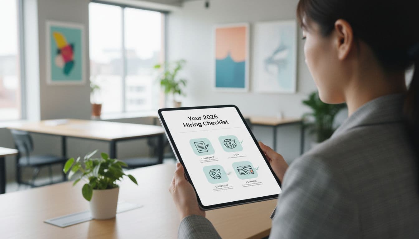 Infographic style checklist on a digital tablet held by a business professional in a Taiwan co-working space, featuring icons for steps like contract, visa, and payroll, with bright modern lighting and realistic photo style, one person only, no readable text, logos, or watermarks.
