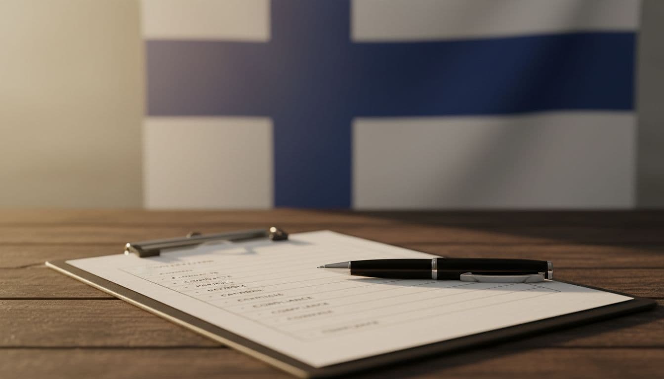 Photorealistic checklist on a wooden desk with a pen beside it, softly blurred Finnish flag in the background, simple composition highlighting hiring items like contracts, payroll, and compliance under warm lighting, no people or visible text.