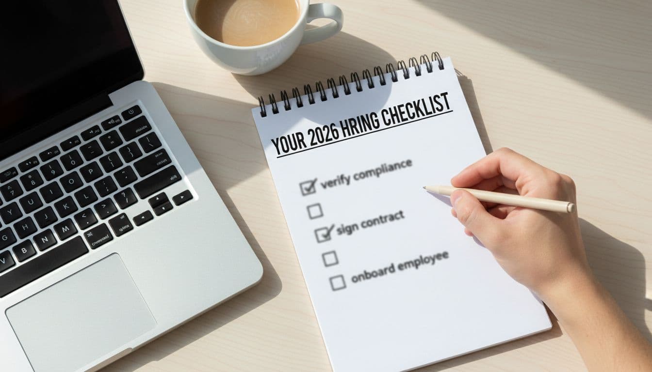 Top-down flat lay of notepad with blurred hiring checklist next to laptop and coffee mug in bright modern workspace, hand pointing with pen.