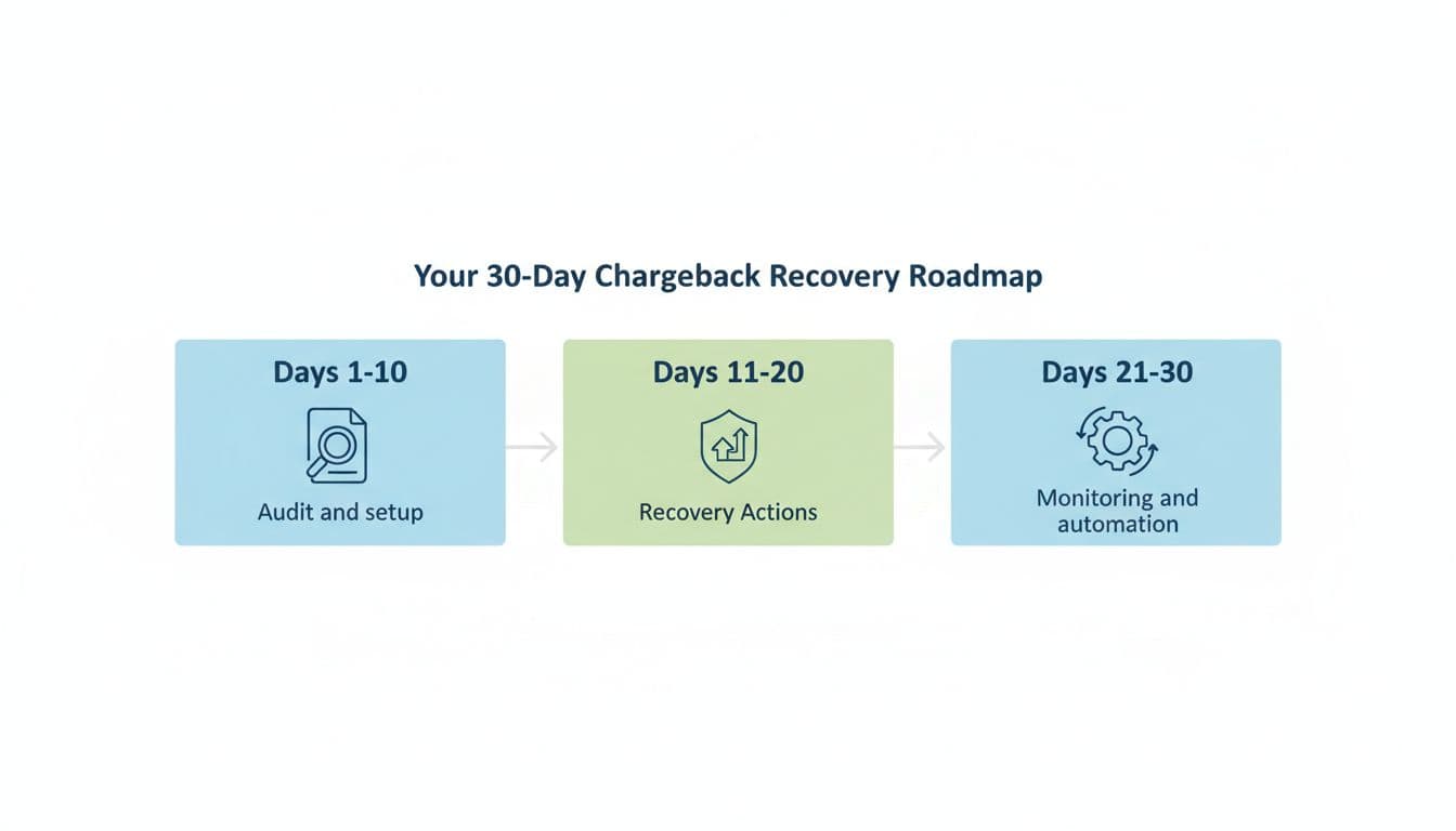 Clean flowchart diagram of a 30-day chargeback recovery timeline with three phases: days 1-10 for audit and setup, 11-20 for recovery actions, and 21-30 for monitoring and automation. Features simple icons on a horizontal timeline in modern flat design with light blue and green colors on a white background.