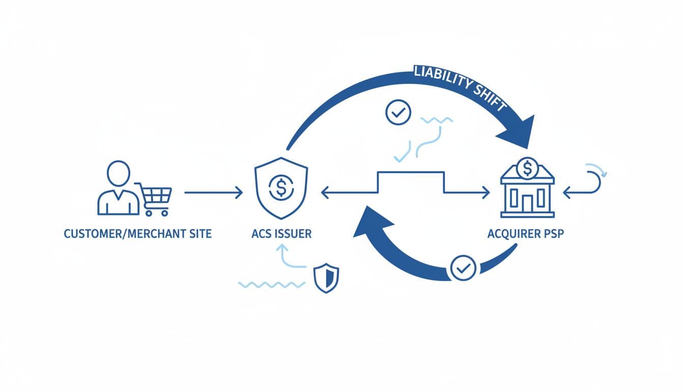 Simple flowchart illustration of 3D Secure authentication process leading to liability shift, featuring icons for customer, merchant site, ACS issuer, and acquirer PSP connected by arrows in clean vector infographic style with blue tones.