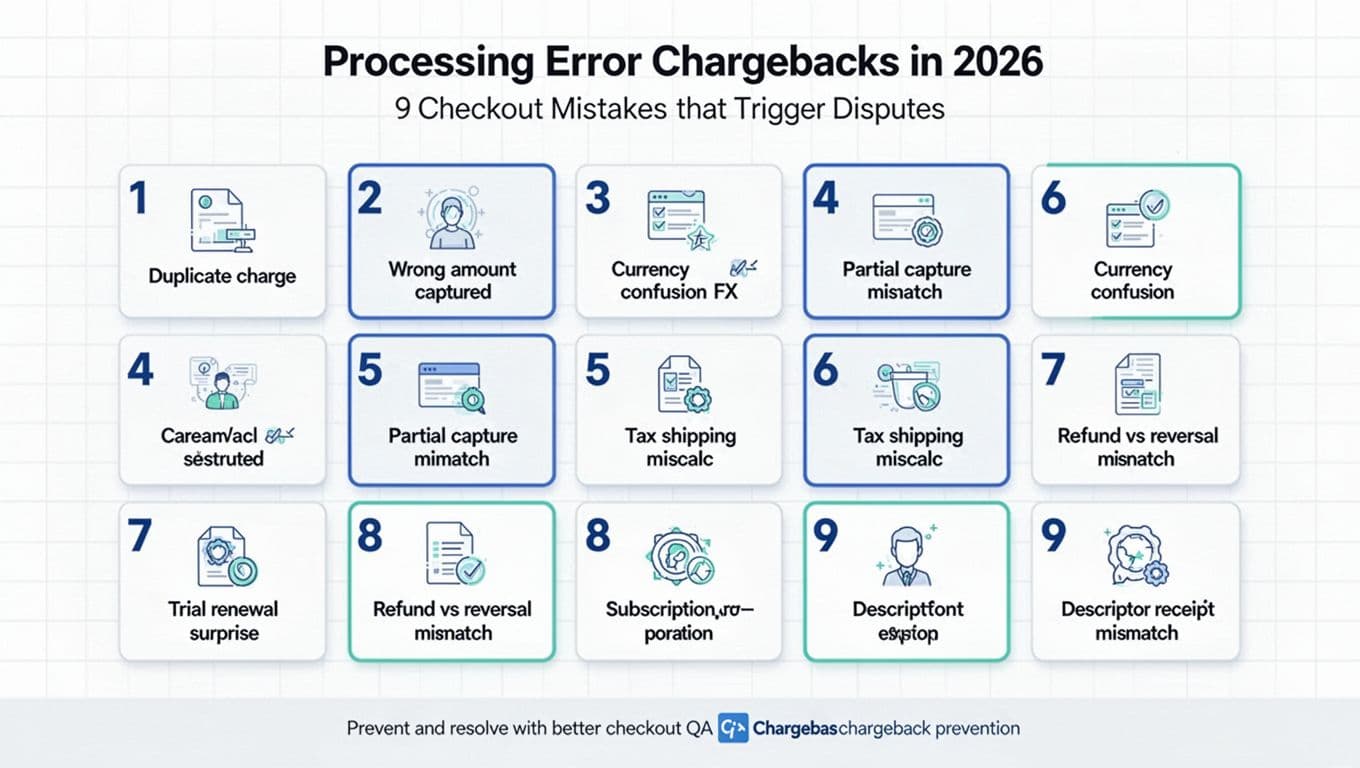 A clean, modern SaaS-style infographic in landscape format displaying nine common checkout mistakes that cause processing error chargebacks, arranged in a 3x3 grid with icons and labels.