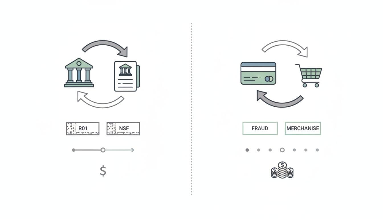 Side-by-side infographic shows ACH return process left with bank icon, return arrow, codes, timeline, low cost; chargeback right with card icon, dispute arrow, codes, timeline, high cost.