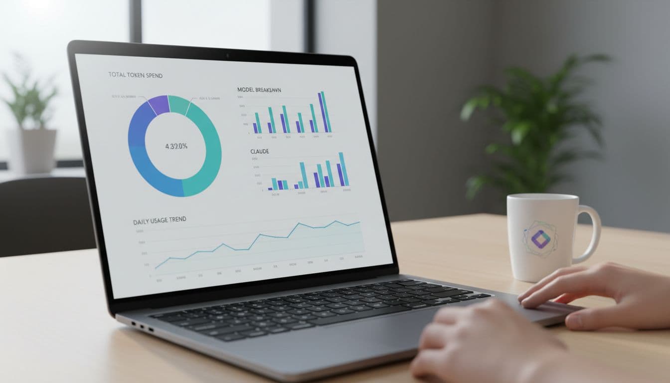 Modern laptop screen in an office setting displays charts for token usage spend tracking and AI model breakdowns, with relaxed hands on the desk, coffee mug nearby, and soft natural lighting.