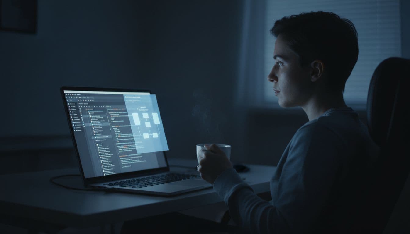 Software engineer relaxed in dim room reviewing codebase on laptop screen with AI-generated bug fix suggestions in sidebar, side angle view.