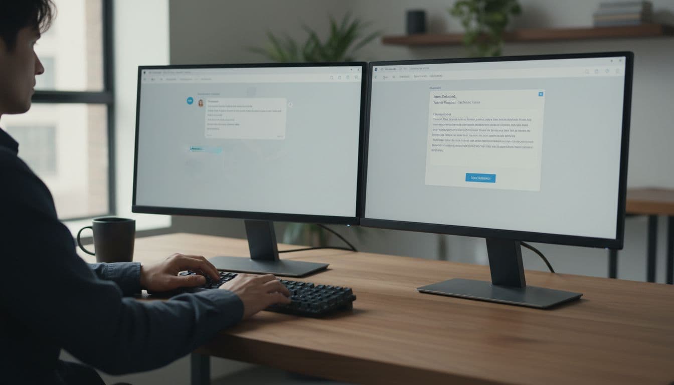 A developer sits at a modern desk with dual monitors showing a chat interface where an AI assistant resolves a customer support ticket by detecting intent and suggesting replies, coffee mug nearby, natural lighting, focus on screen and relaxed hands on keyboard.