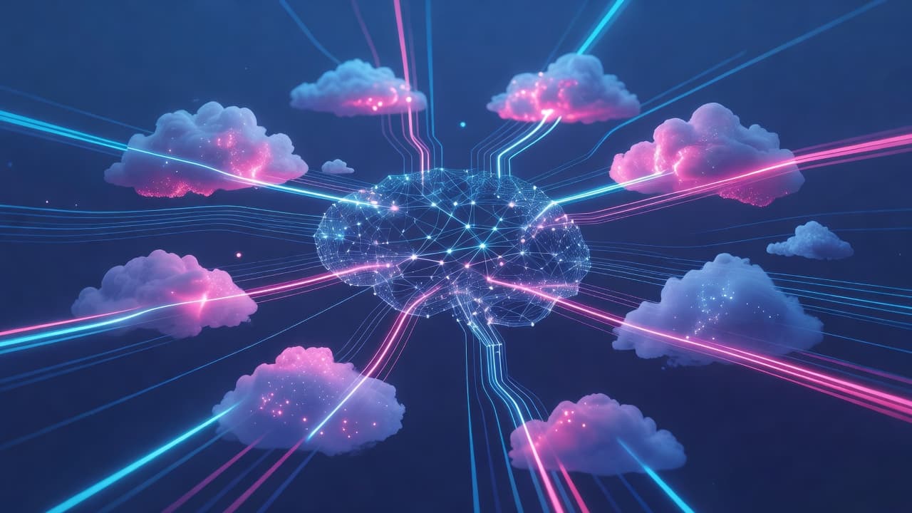 Glowing data lines connect shimmering clusters of digital cloud nodes against a deep blue background. Magenta light trails weave through the structure, highlighting the sophisticated connectivity between various enterprise software platforms.