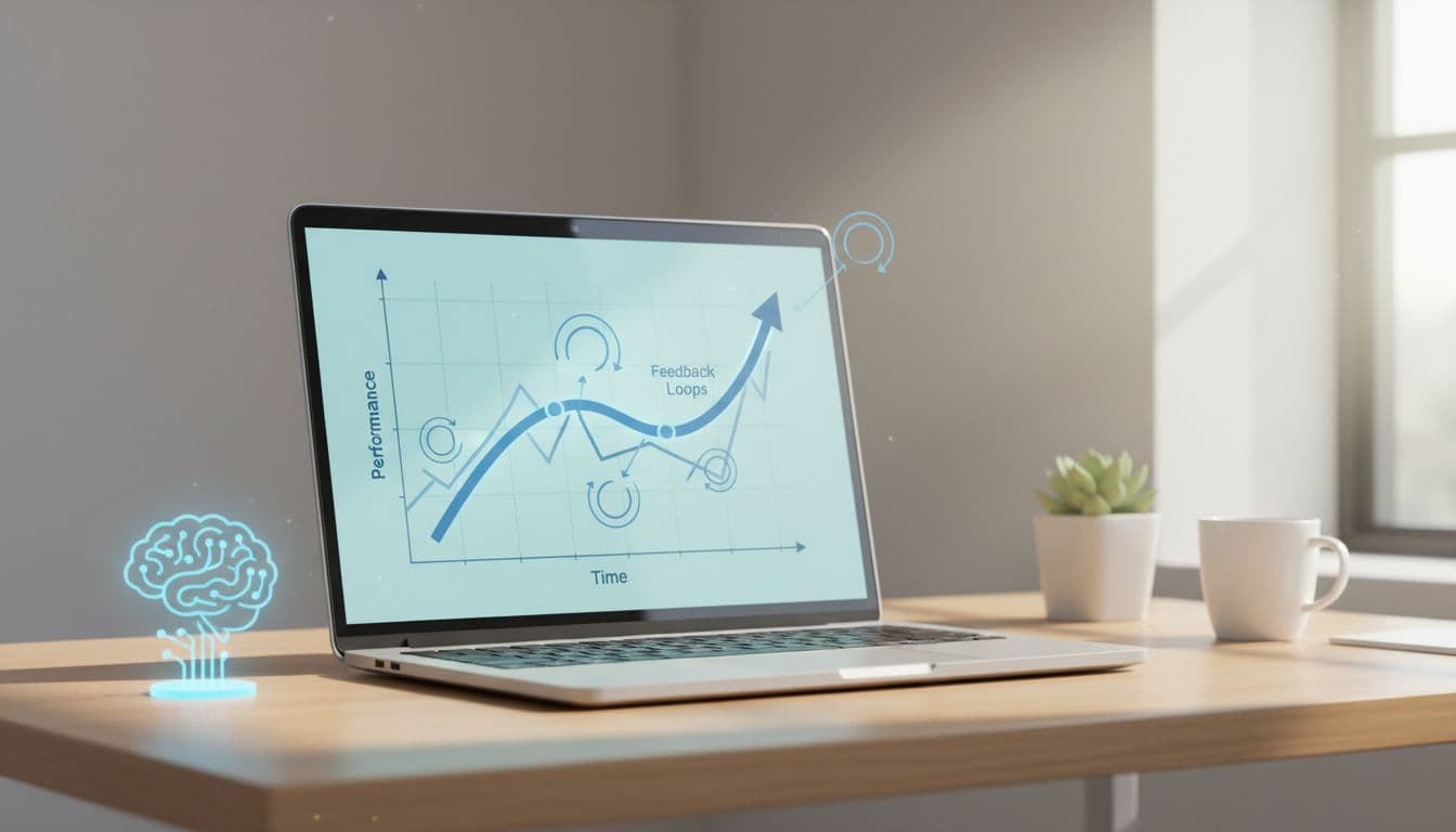 Illustration of a learning AI agent improving performance over time, with a graph showing an upward trend in accuracy and feedback loops, displayed on a laptop screen on a clean office desk in modern infographic style.