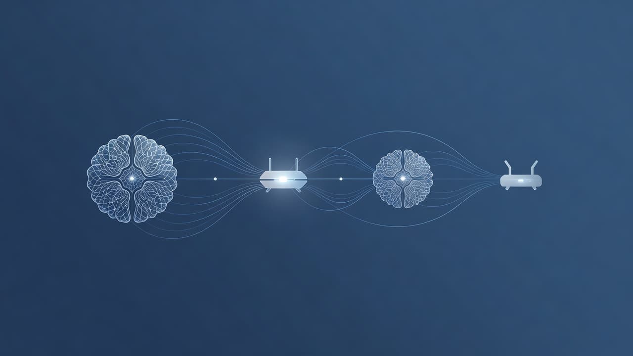 A central glowing router icon connects to three distinct AI model symbols via delicate light paths. Data streams move across a clean white background in shades of professional blue.