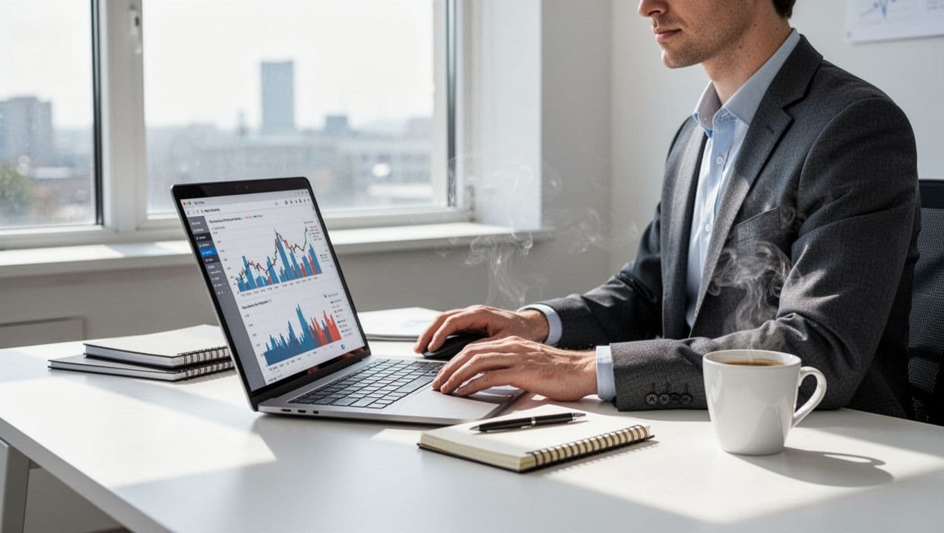 Analyst in bright office views cloud cost charts on angled laptop, hand on mouse, notebook and coffee nearby, daylight from window.