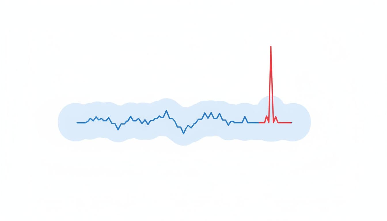 Graph chart with blue line for normal metric data over time and light blue shaded bands for expected range, featuring a red spike indicating an anomaly on a simple white background.