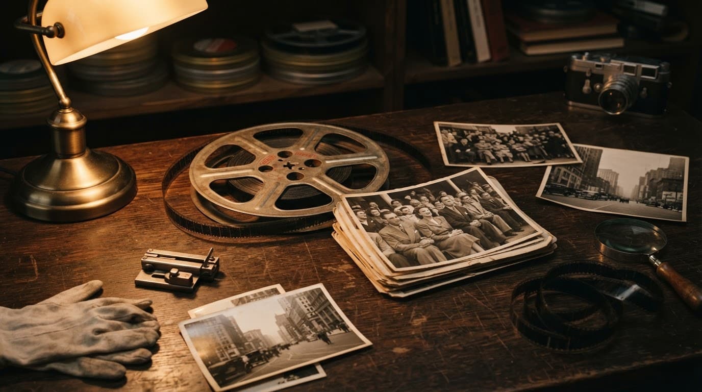 A film reel and vintage photos on a dark wooden table under a warm lamp.
