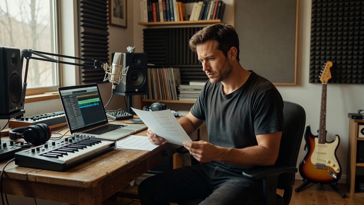 A focused musician sits at a desk in a home music studio, carefully reading an important document. Surrounded by recording equipment, soft natural light illuminates the wooden workstation and professional workspace.