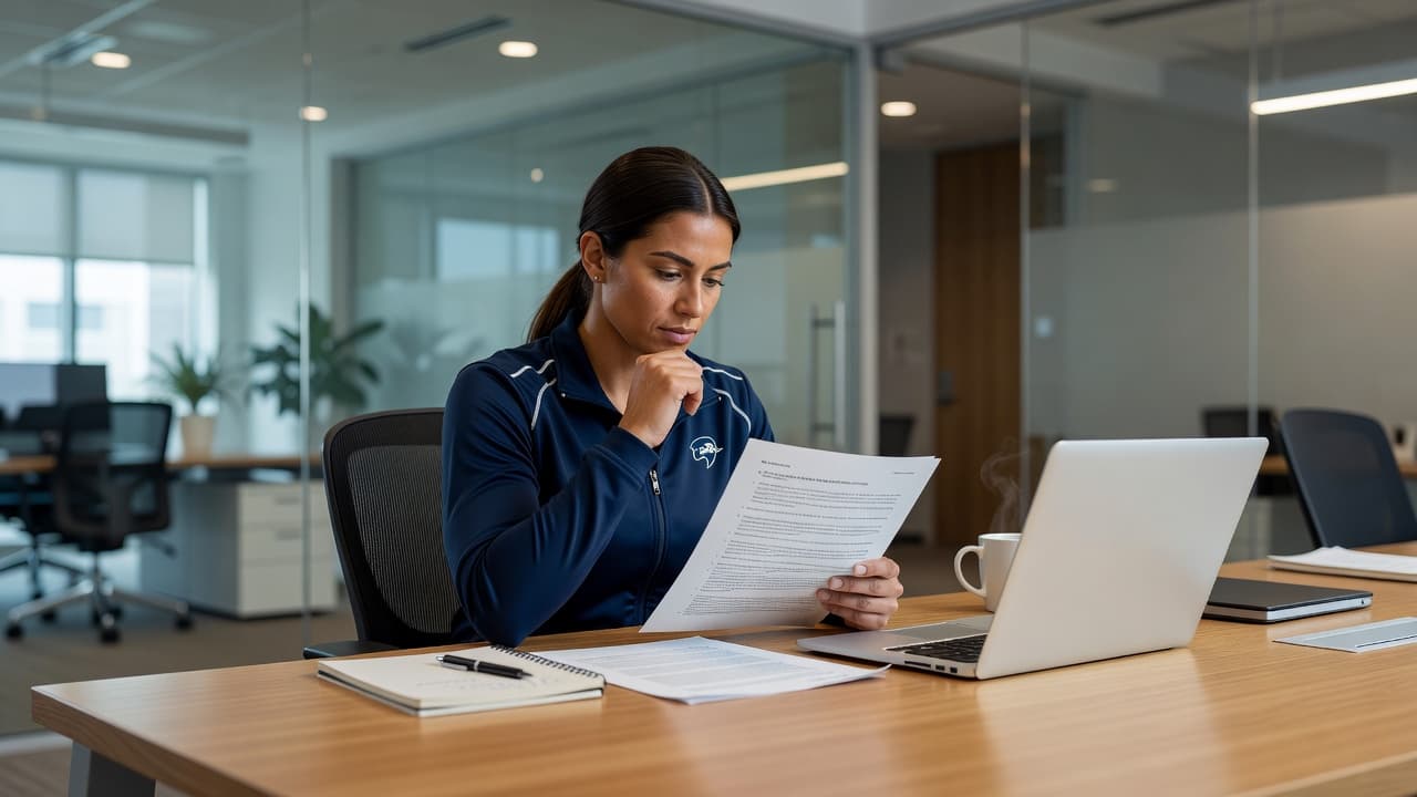 A focused athlete sits at a minimalist wooden desk, intently studying a printed document while an open laptop rests nearby. The professional office is bathed in warm, soft ambient lighting.
