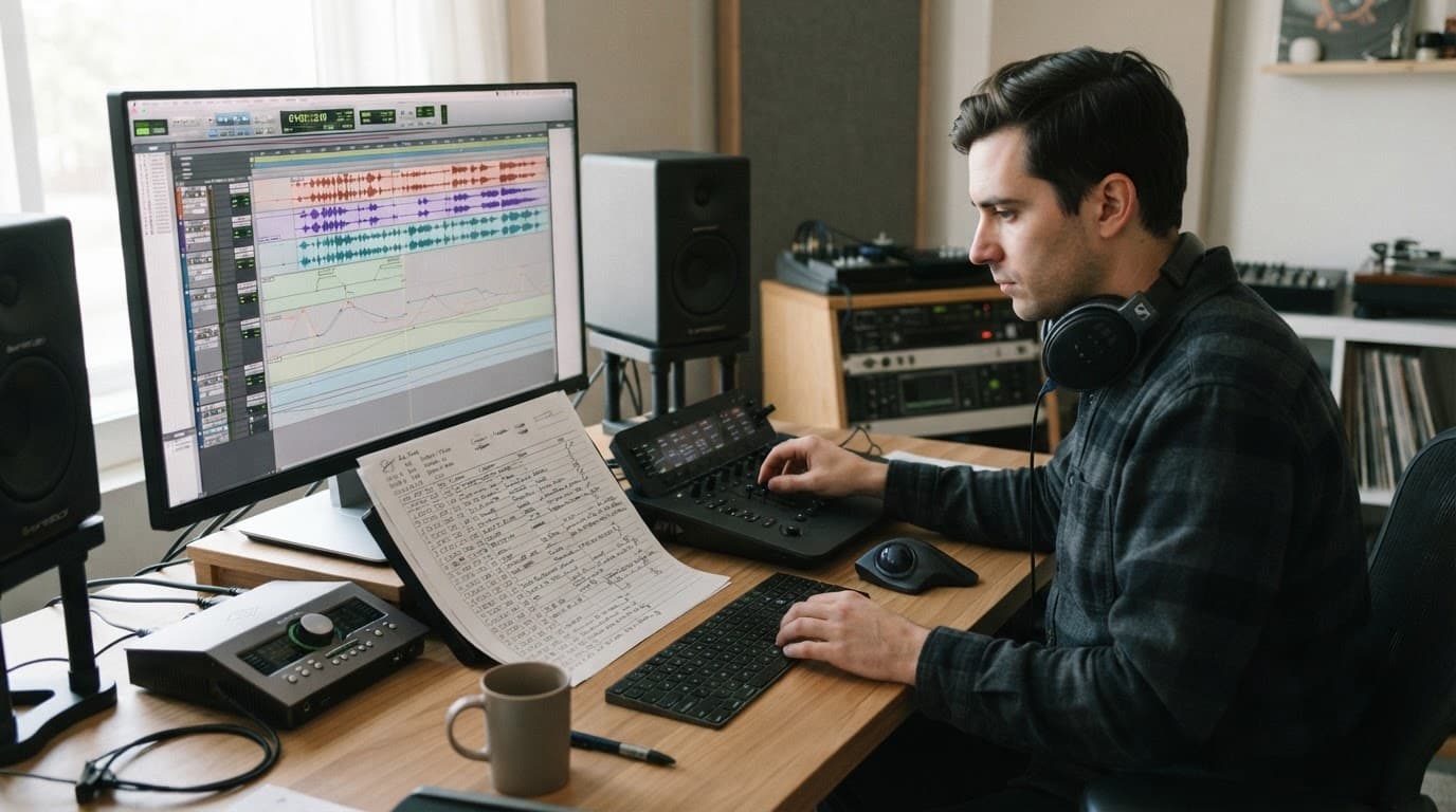 A person works beside audio timelines and a cue sheet on a clean desk.