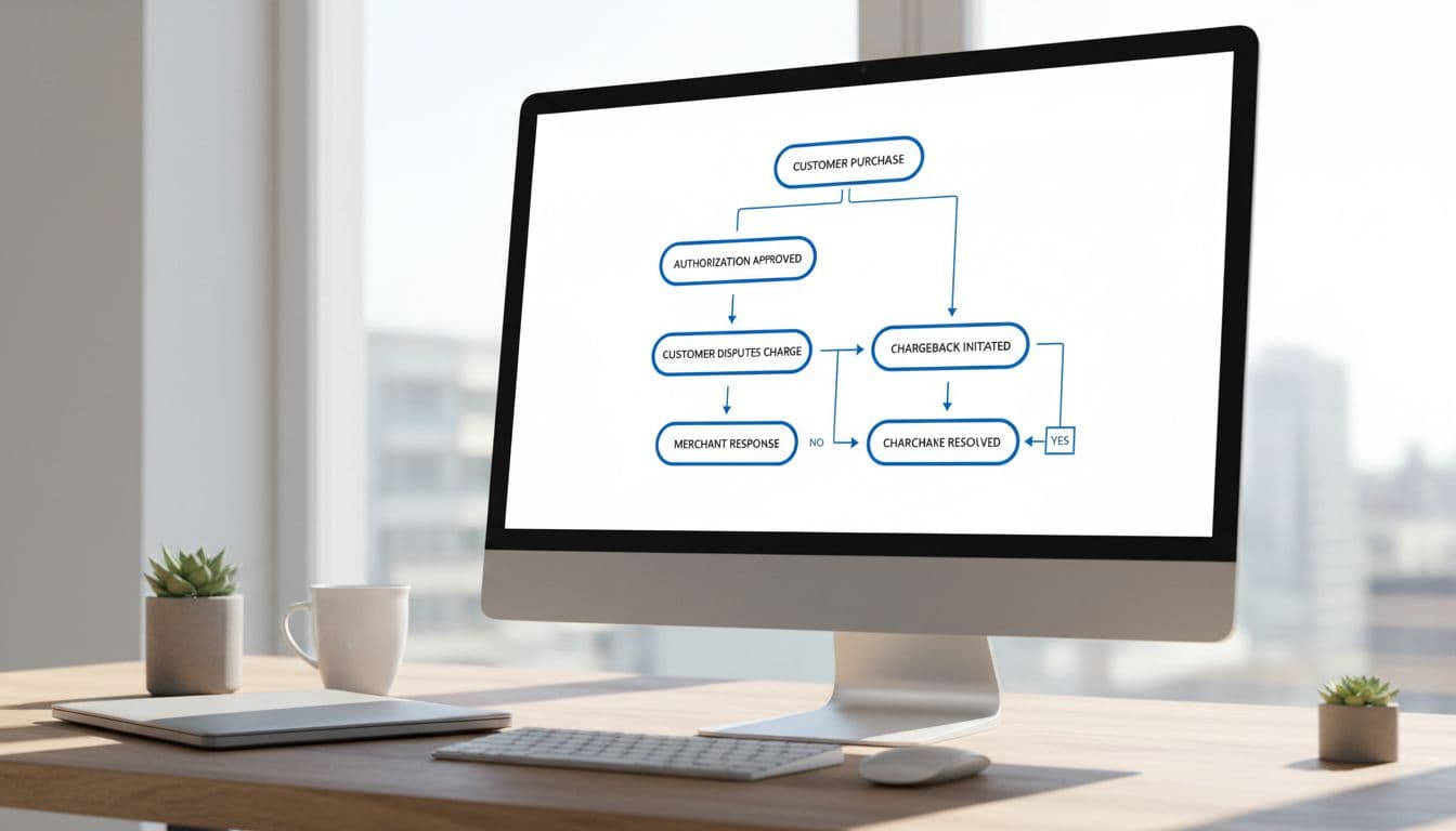 A minimalist vector-style flowchart diagram on a computer screen in a clean office desk setting, illustrating the authorization chargeback process from customer purchase and approval to dispute, chargeback, and merchant response.