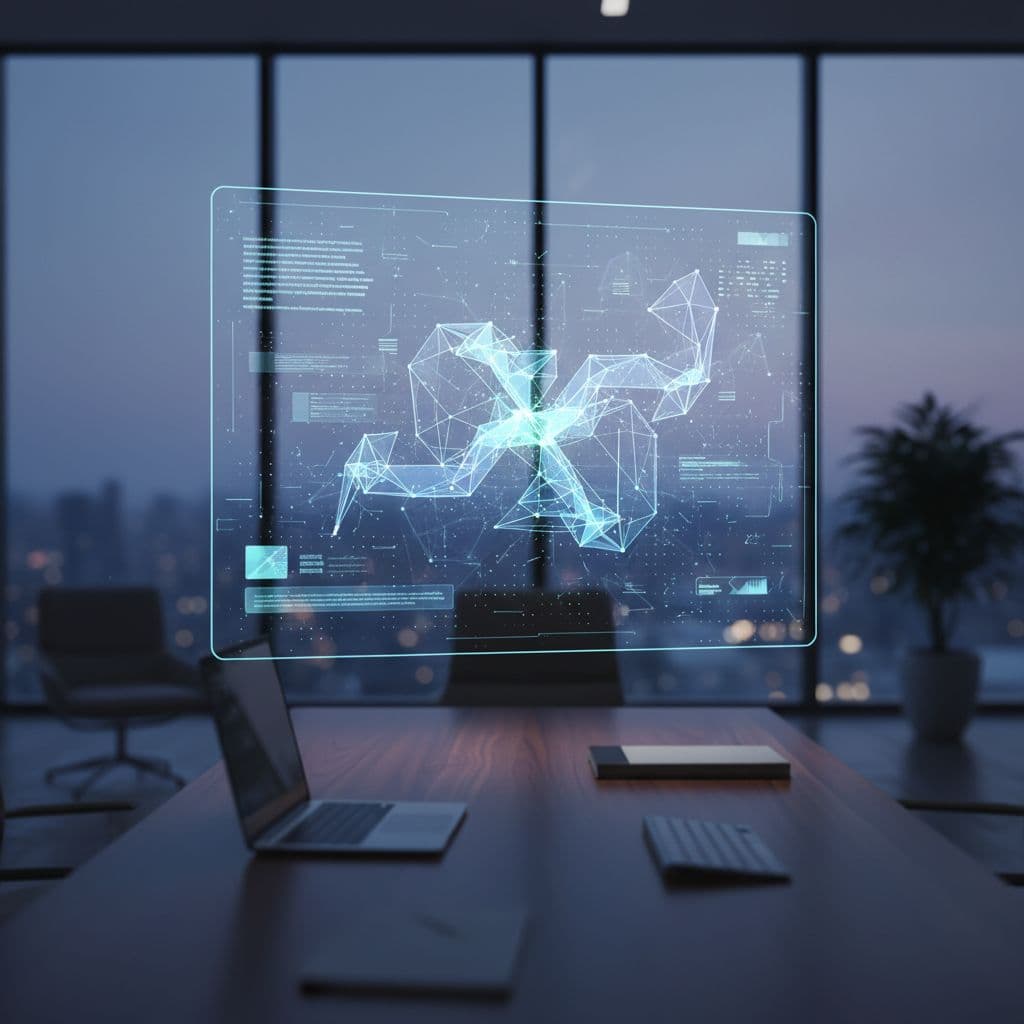 A glowing holographic interface displays digital security diagnostics above a clean, modern professional office desk.