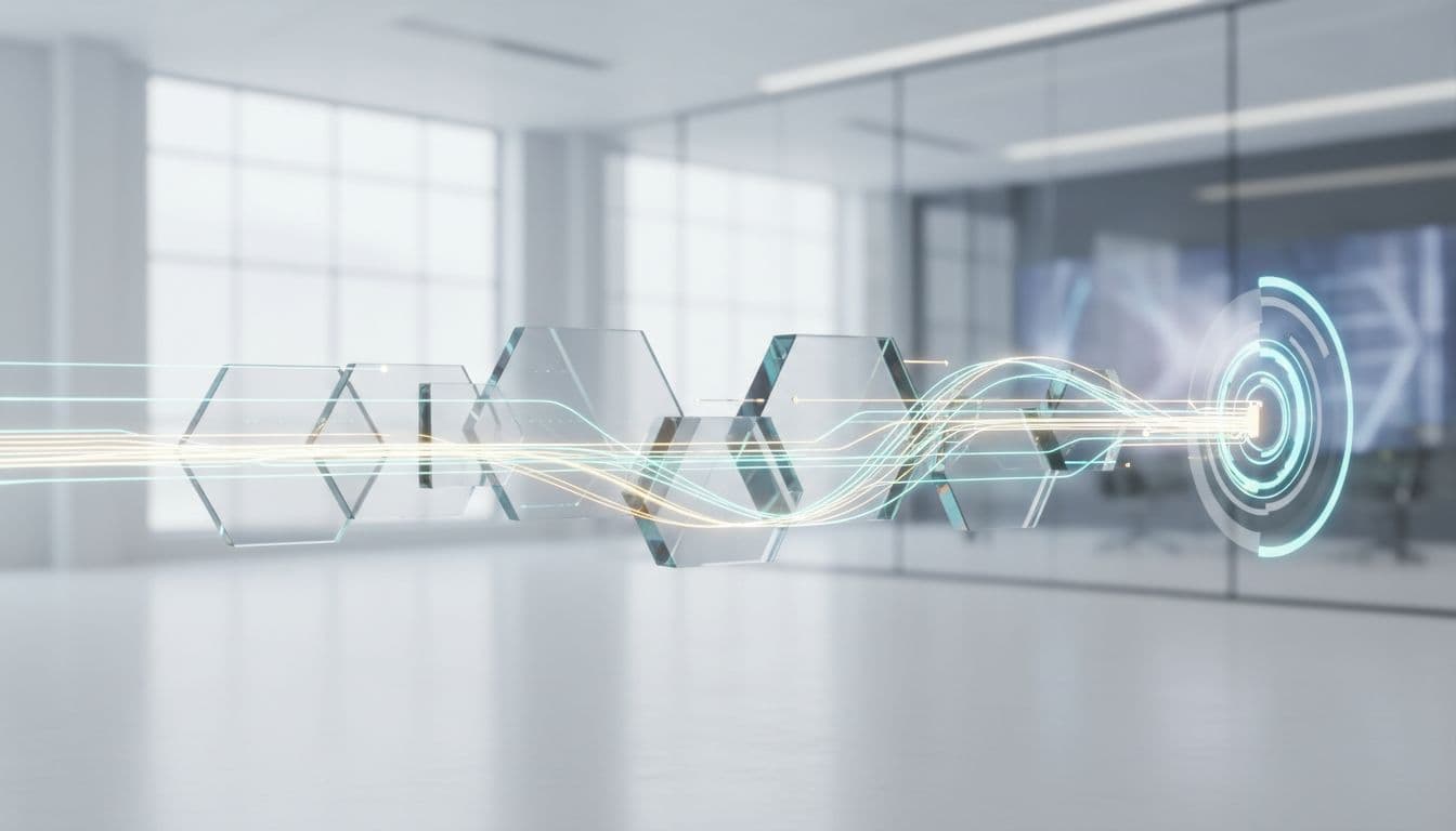 Glowing light ribbons weave through geometric nodes in a bright white workspace, visualizing seamless automated system connectivity. These luminous trails illustrate secure transaction monitoring across a clean, high-tech abstract network environment.