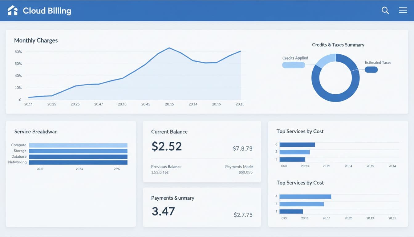 Centered screen shows charts for monthly charges, service breakdowns, credits, and taxes summary in blue tones.