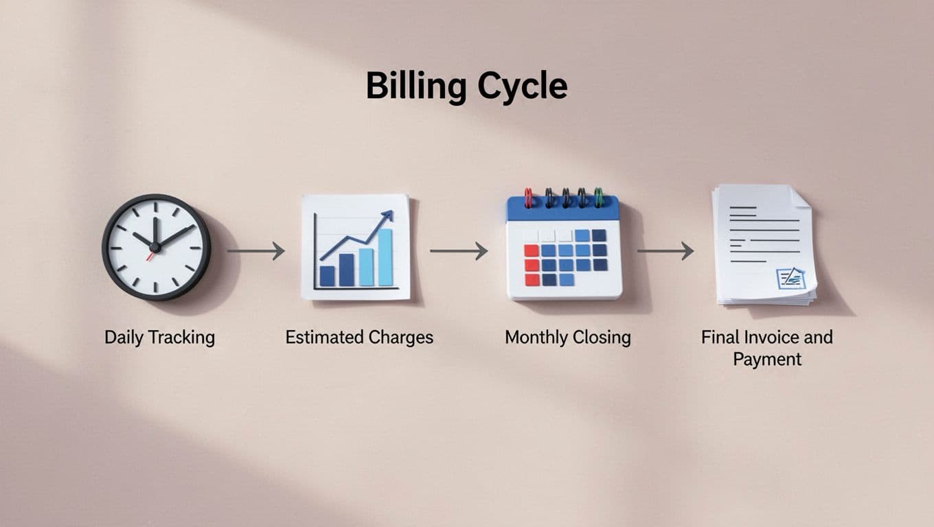 Simple flowchart showing AWS billing steps from daily usage to invoice and payment with icons and arrows.