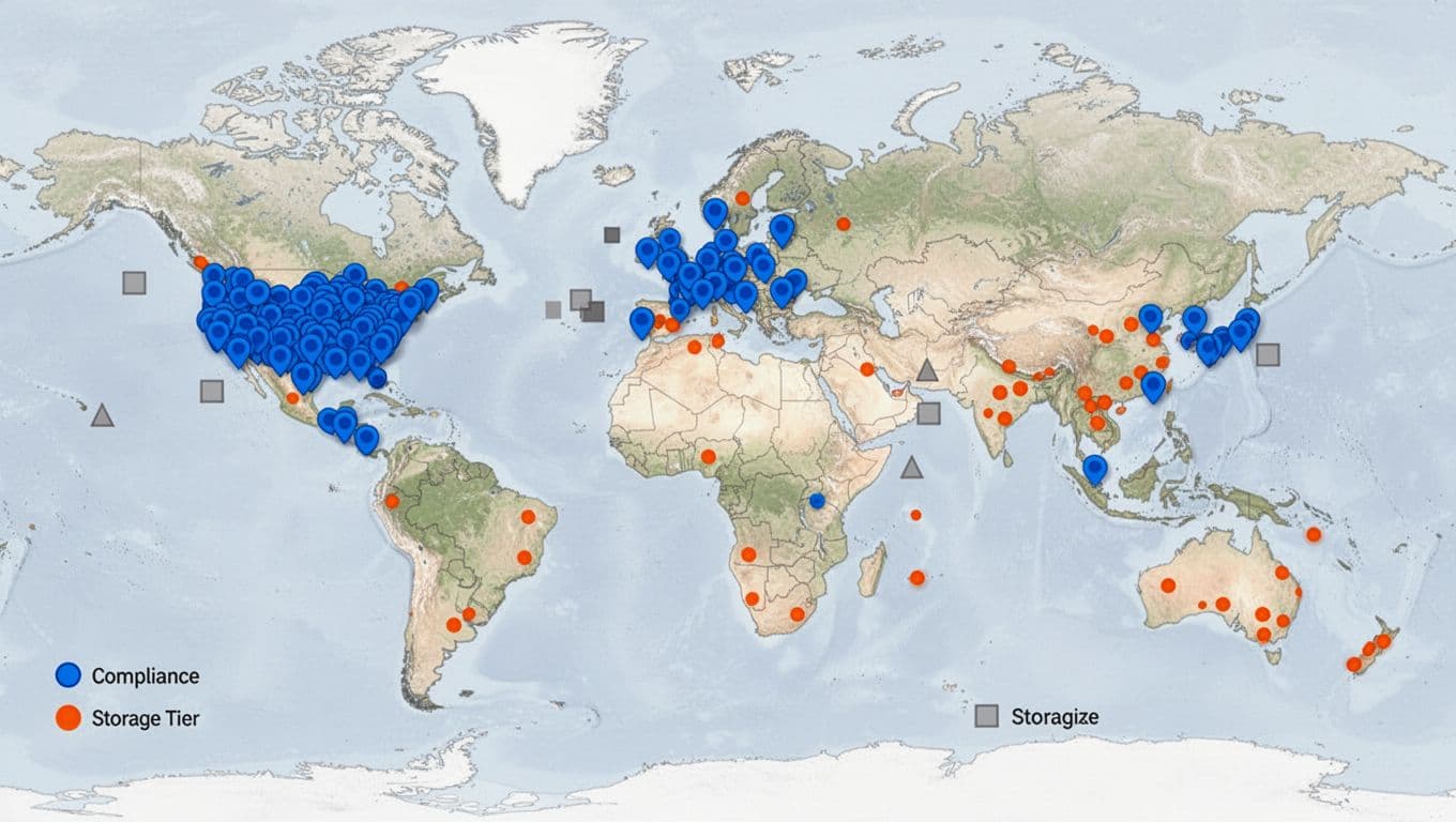 World map with dense blue AWS region clusters across continents and scattered orange Cloudflare R2 points, plus compliance and storage icons.