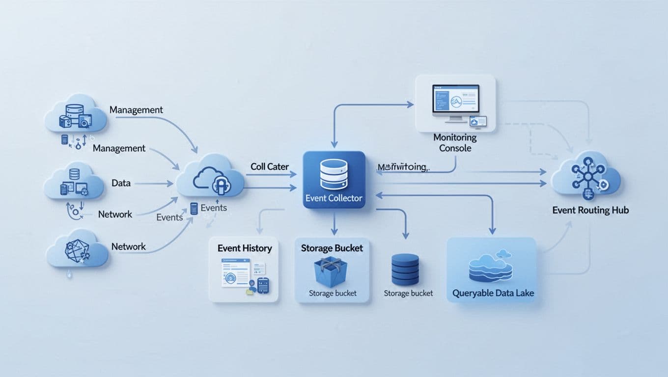 Simple flowchart diagram of AWS CloudTrail core architecture showing AWS services generating events, CloudTrail capturing them, delivery to Event History, S3 buckets via Trails, CloudTrail Lake, and integrations with CloudWatch Logs and EventBridge.