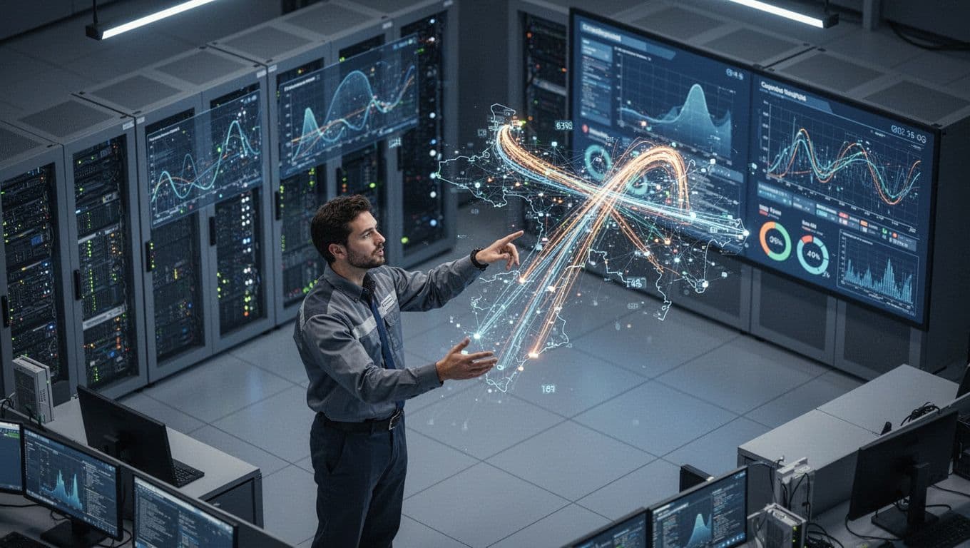 Isometric illustration of an engineer in a data center control room metaphorically configuring Route 53 routing policy, with screens showing network graphs and health checks, server racks in background, and pointing at a holographic traffic flow map; blue tones, professional lighting, no text.