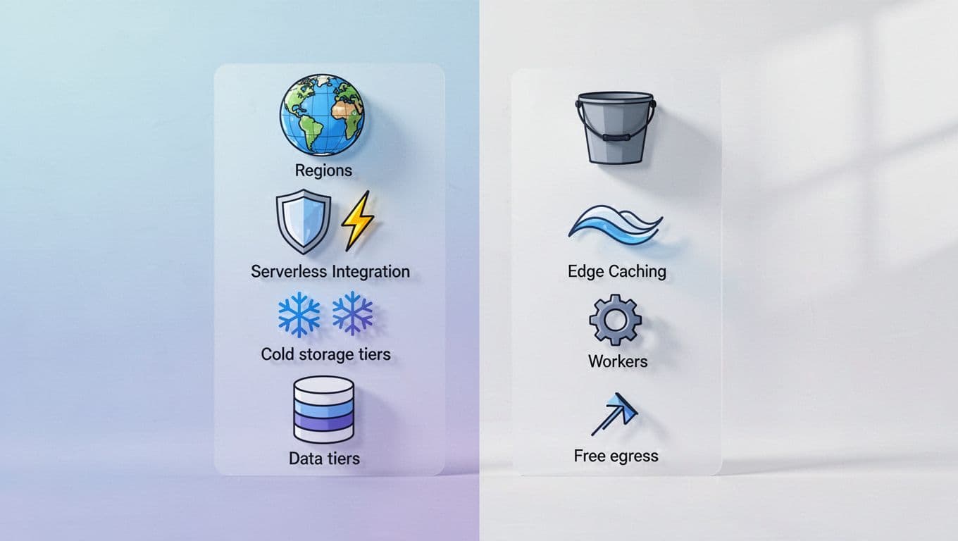 Side-by-side icon stacks on gradient background: left AWS S3 with globe, badge, integration, tiers; right Cloudflare R2 with bucket, cache, workers, egress.
