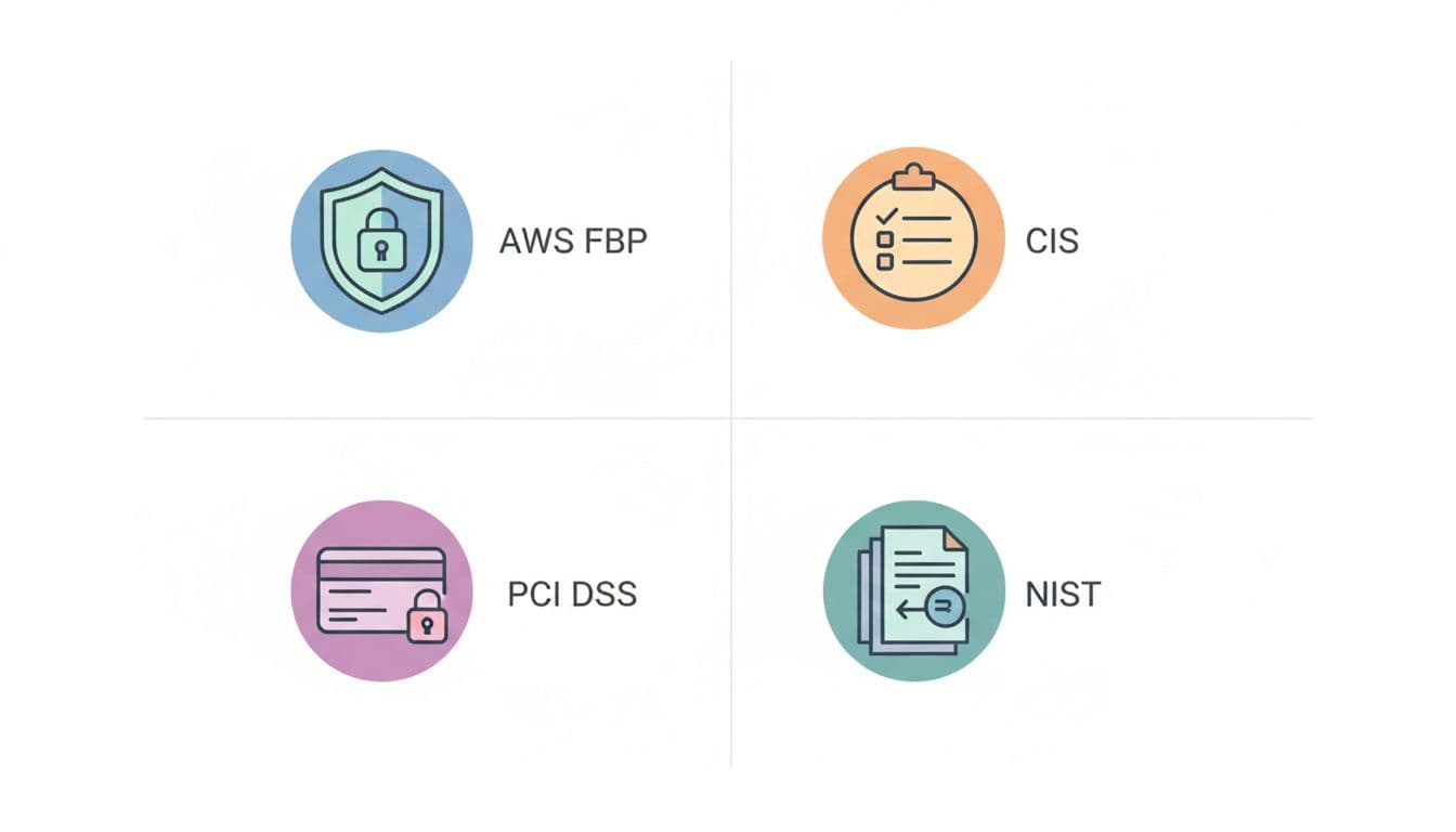 Infographic-style grid chart comparing key security standards in AWS Security Hub: AWS Foundational, CIS Benchmark, PCI DSS, and NIST 800-53, featuring simple icons like shield, lock, checklist, and document in pastel colors on a white background.