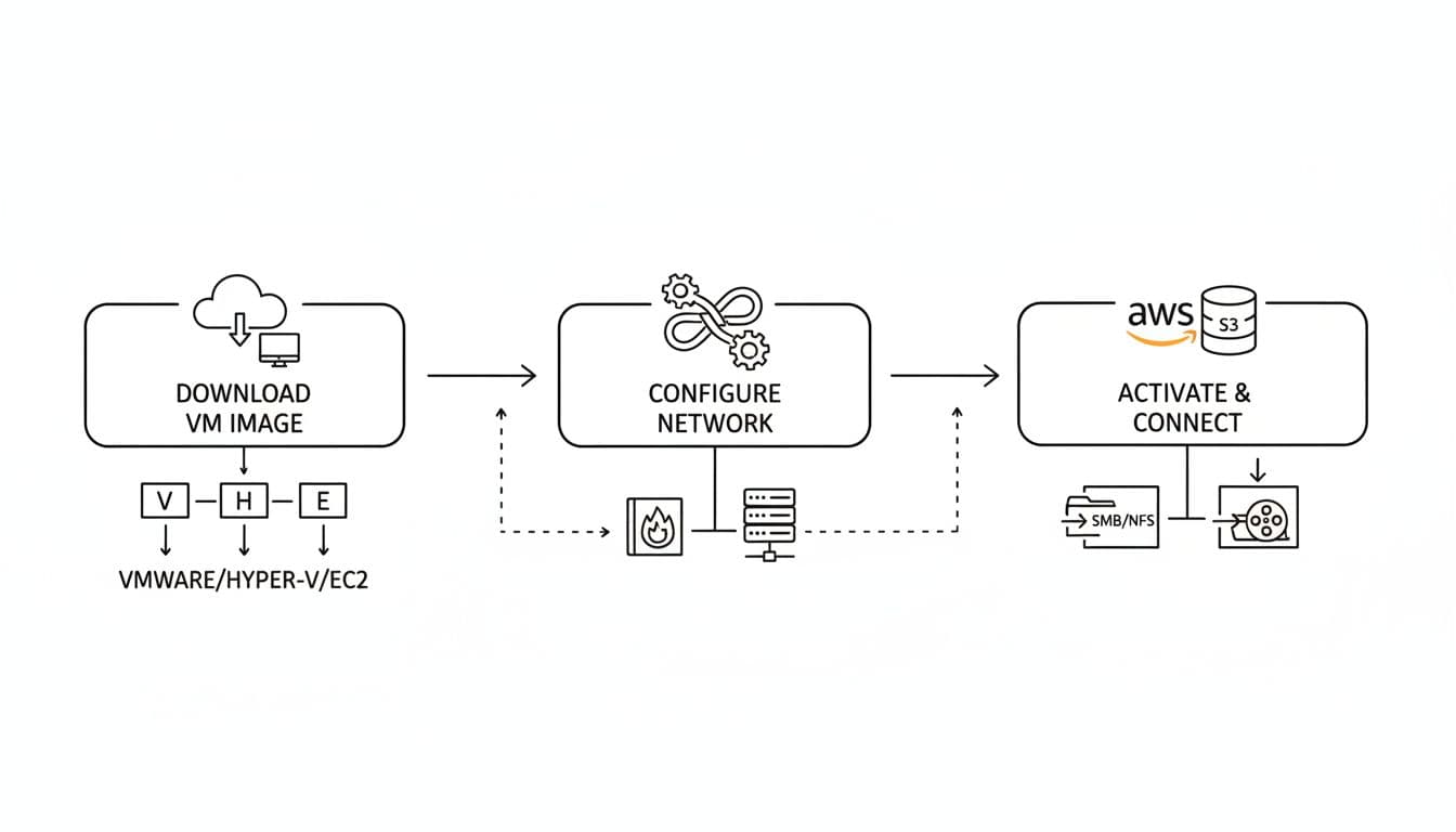 Line drawing flowchart with three connected boxes and arrows showing VM download, network setup, and AWS activation icons.