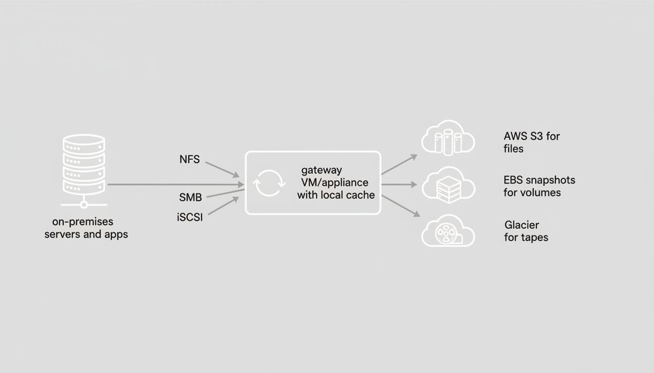 On-premises server connects via NFS/SMB/iSCSI to gateway with cache, linking to S3 files, EBS volumes, and Glacier tapes.