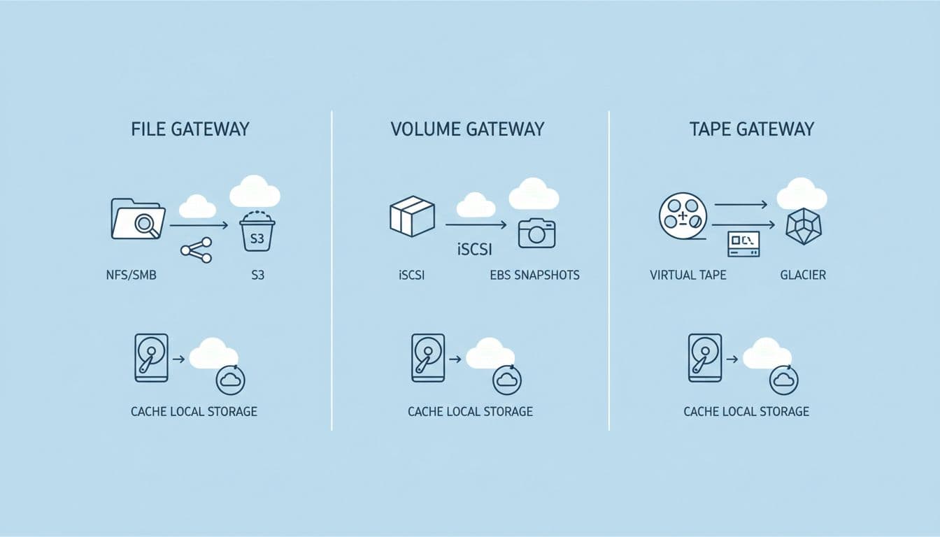 Three-column infographic with icons for File Gateway file shares to S3, Volume Gateway block storage to EBS, and Tape Gateway virtual tapes to Glacier.