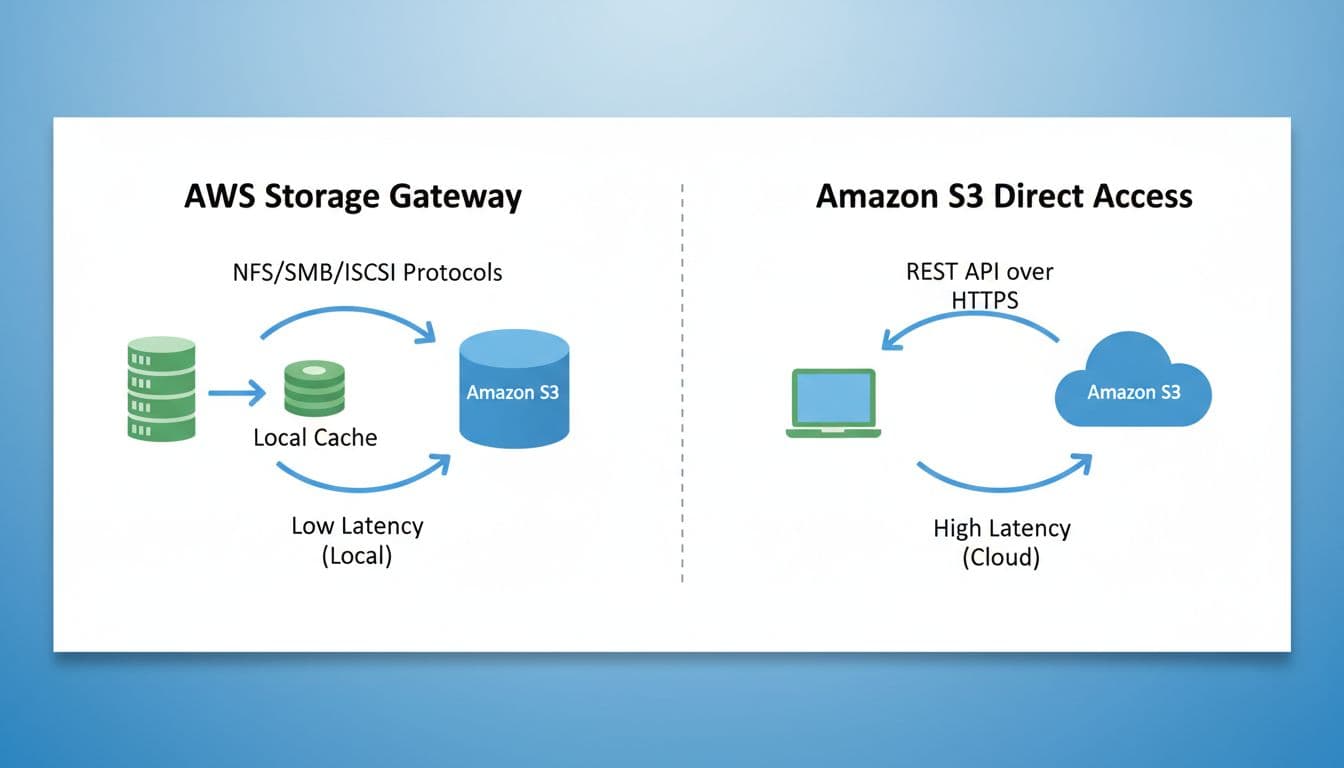 Side-by-side diagram with left side showing on-premises gateway caching to cloud storage and right side direct cloud object access, icons for protocols versus API, local versus cloud latency.