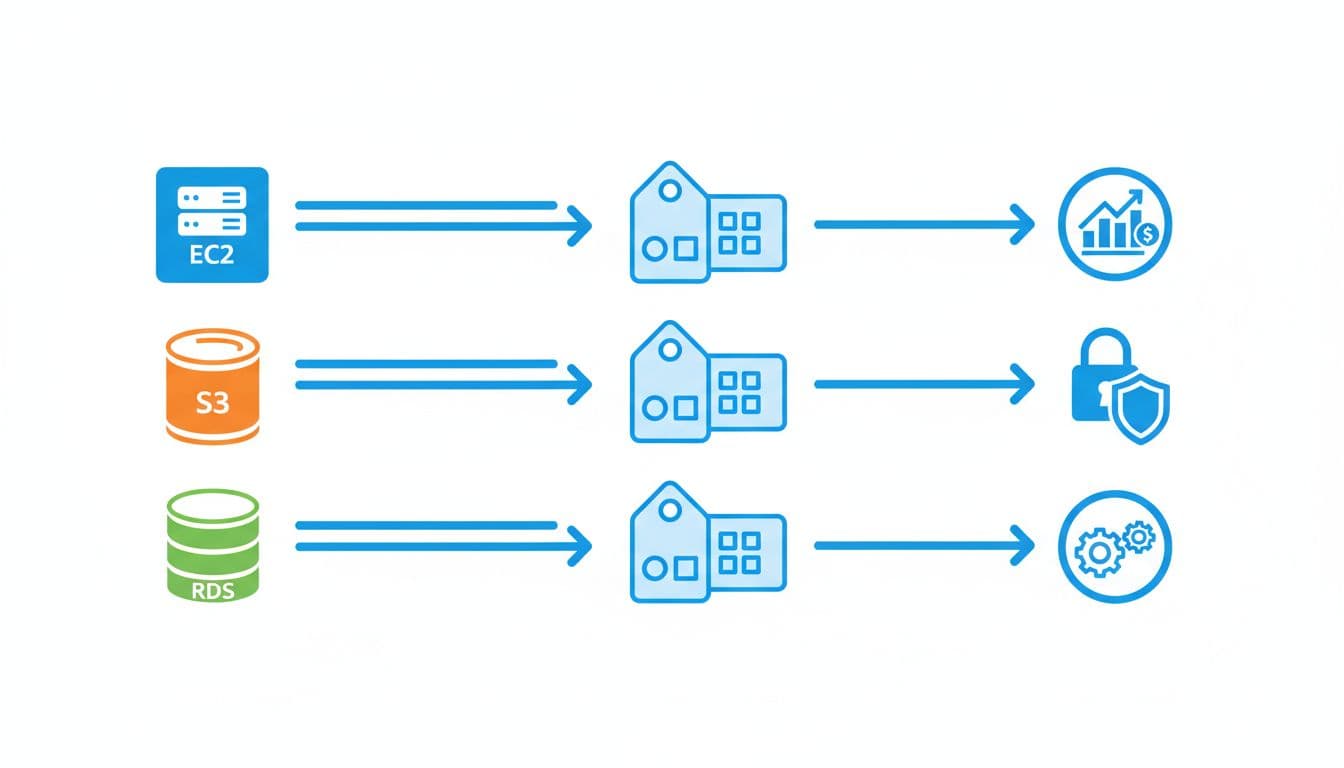 Simple flowchart diagram depicting AWS resources like EC2 server, S3 bucket, and RDS database being tagged with key-value pairs, leading to management benefits such as cost tracking, access control, and automation in a clean line art style with bright colors.