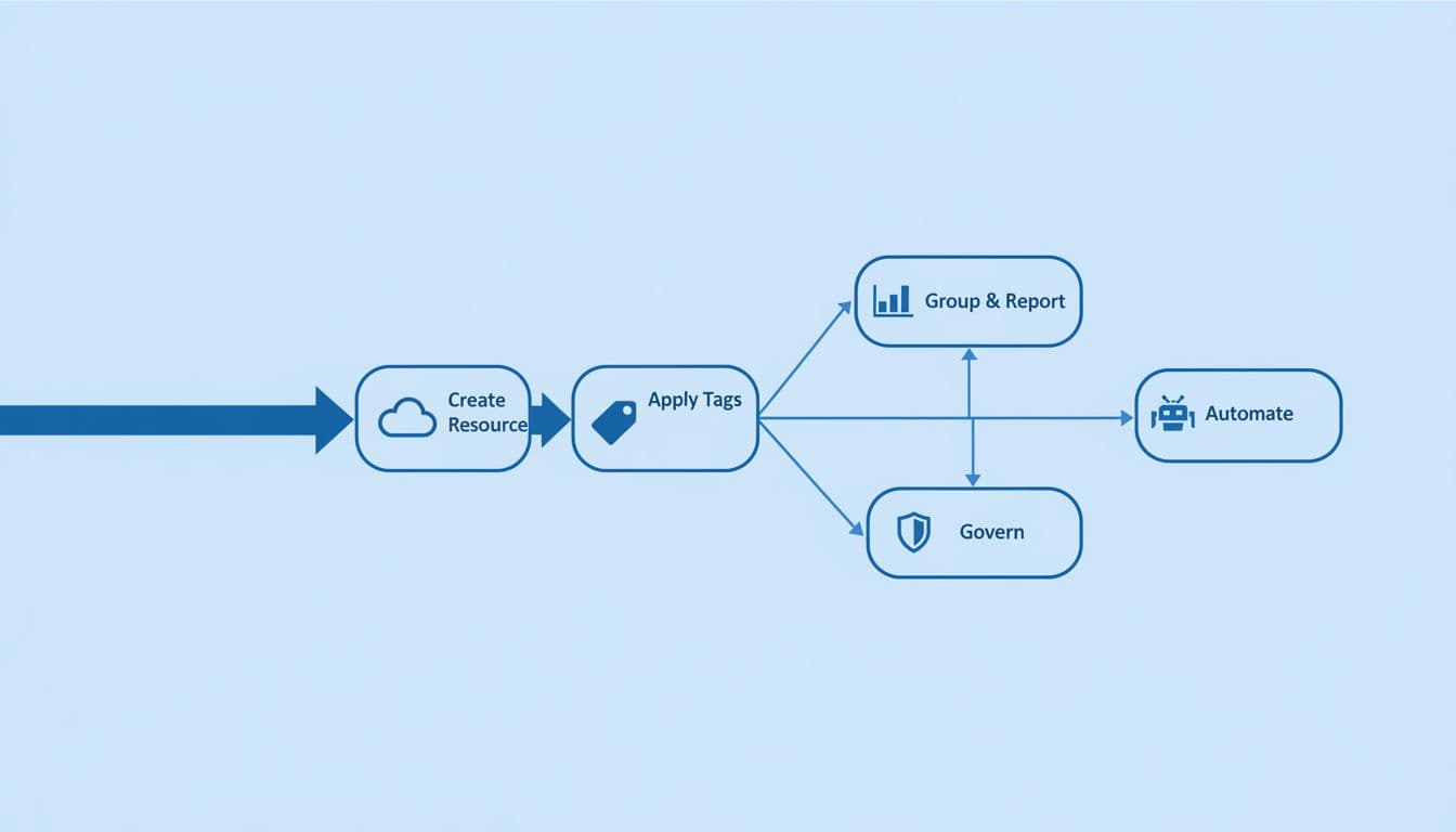 Minimalist vector workflow diagram showing AWS resource tagging process from creation through application to outcomes in group and report, automation, and governance, using icons in blue tones.