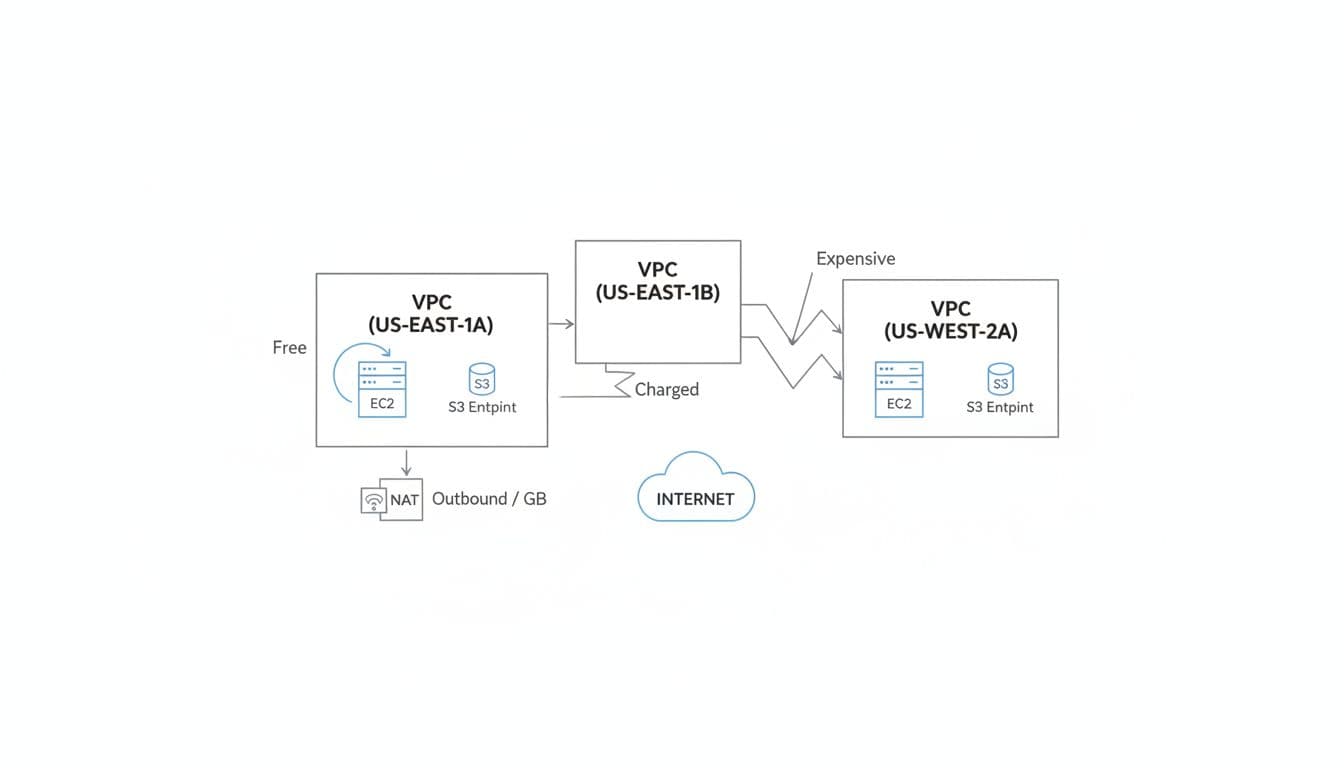 Simple flowchart shows VPC data paths intra-AZ, inter-AZ, region-to-region, internet outbound with EC2, S3 endpoint, NAT icons.