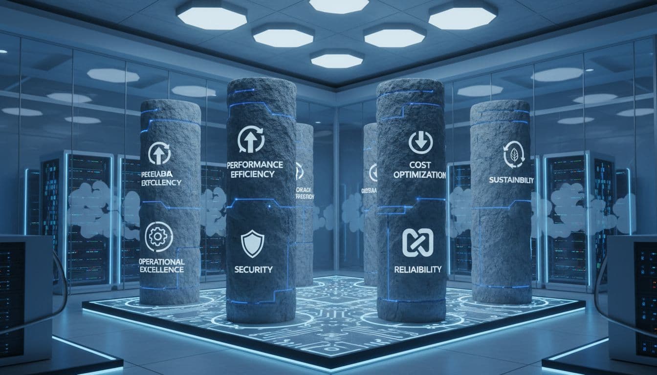 Six stone pillars labeled with AWS framework pillars stand in a modern cloud data center under soft blue light.