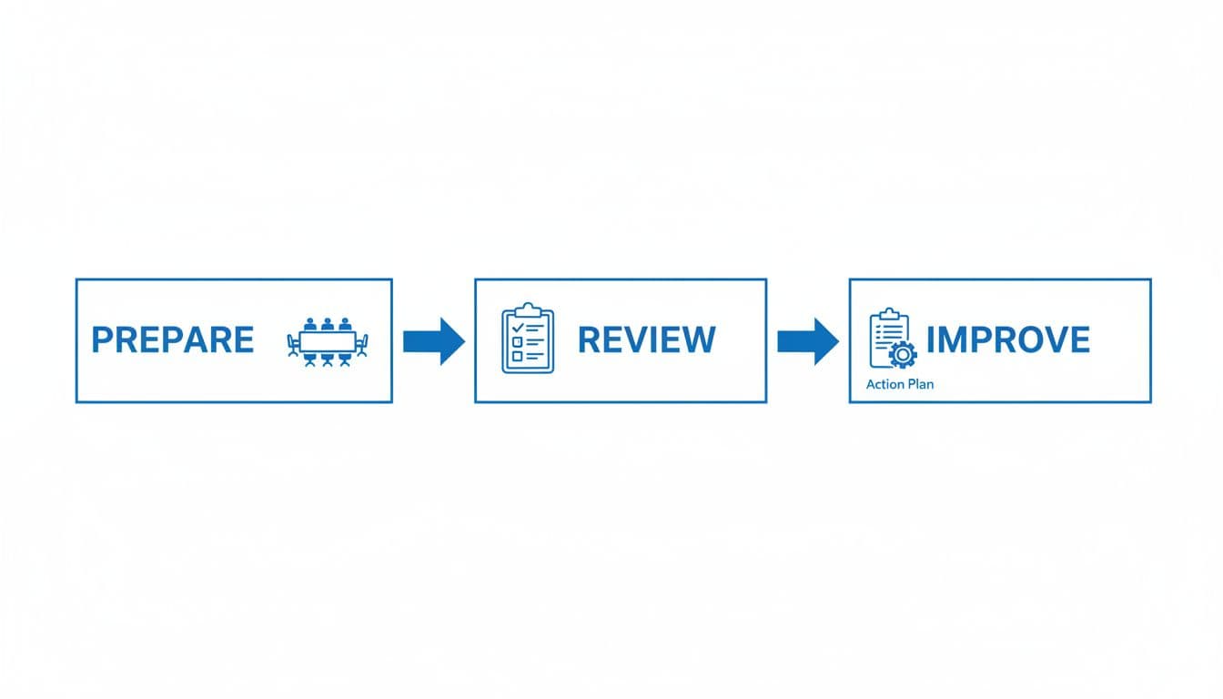 Flowchart shows Prepare, Review, Improve phases connected by arrows, with icons for team meeting, checklist, action plan on white background.