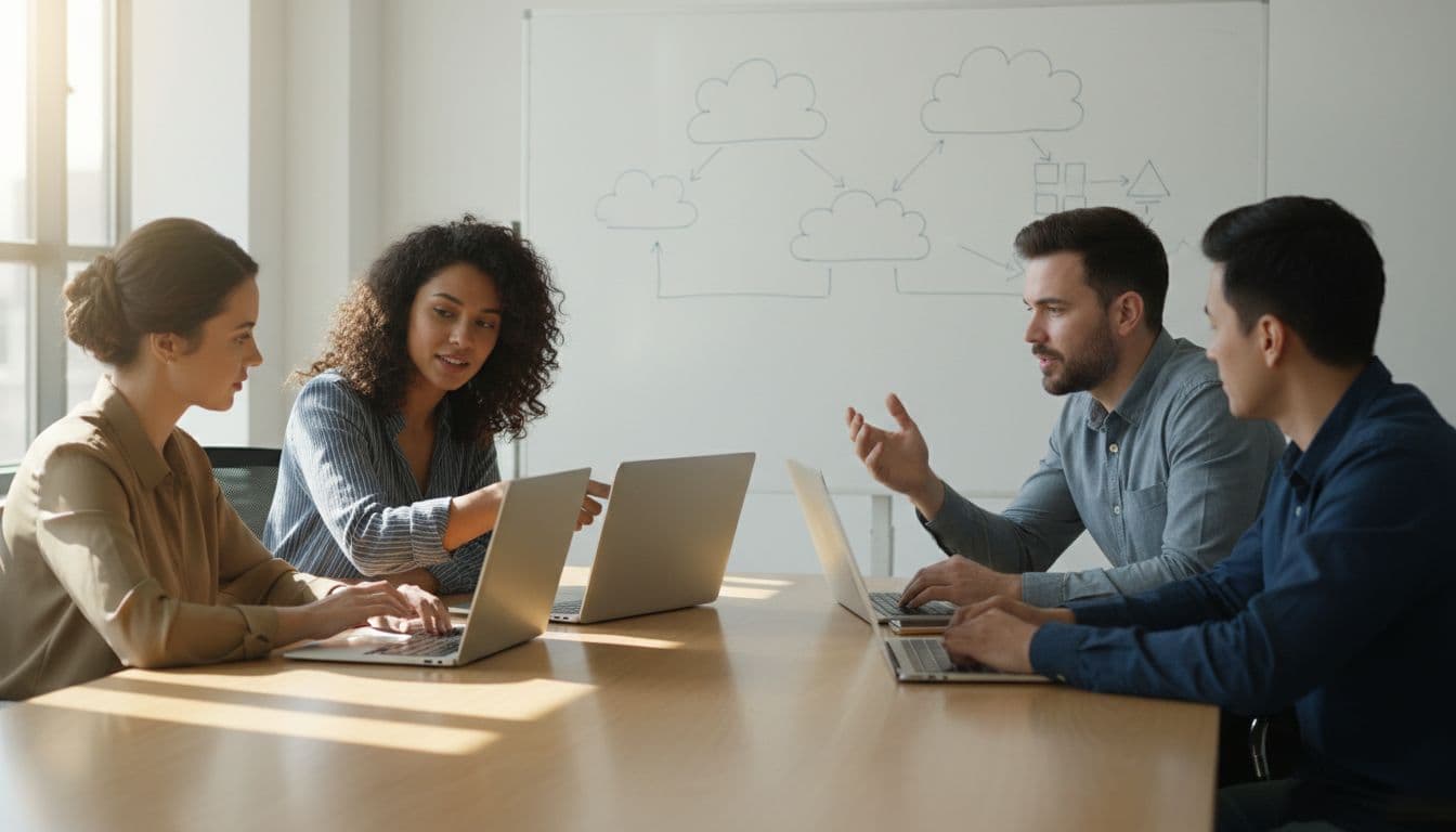 A diverse team of four professionals in a bright conference room, sitting around a table with laptops open, whiteboard showing cloud architecture diagrams, engaged in collaborative discussion.