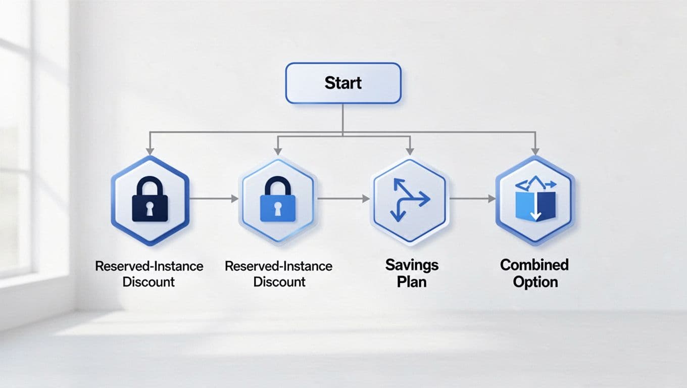 Clean infographic flowchart for choosing between Azure Reserved Instances (72% savings for stable specific VMs) and Savings Plan (65% savings for variable compute), with combine option. Professional vector illustration on white background with simple icons and minimal labels.