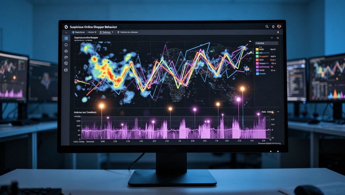 Illustration of anomalous online shopper actions like erratic mouse zigzags, rapid form submissions, and proxy IP sessions, visualized through colorful heatmaps, timelines, and flags on a modern dark-themed security dashboard in a dimly lit monitoring room.