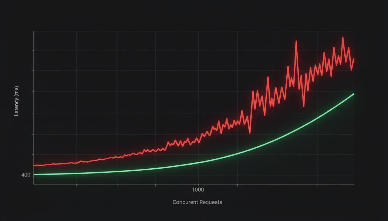 Benchmark graph on dark background: Bifrost's green line flat at low latency to 1000 requests, LiteLLM's red line spikes after 400.