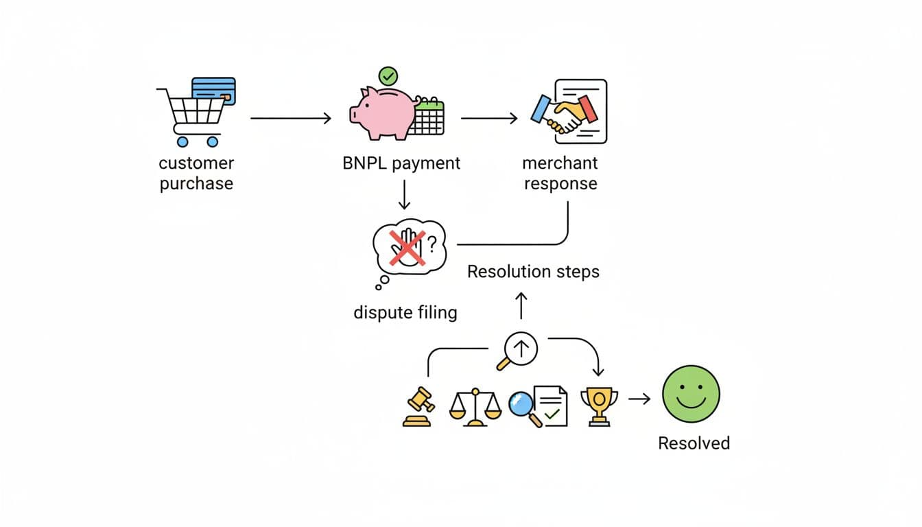 Flowchart diagram visualized as icons depicting customer purchase, BNPL payment, dispute filing, merchant response, and resolution steps on a clean whiteboard background in simple illustrative style with bright lighting.