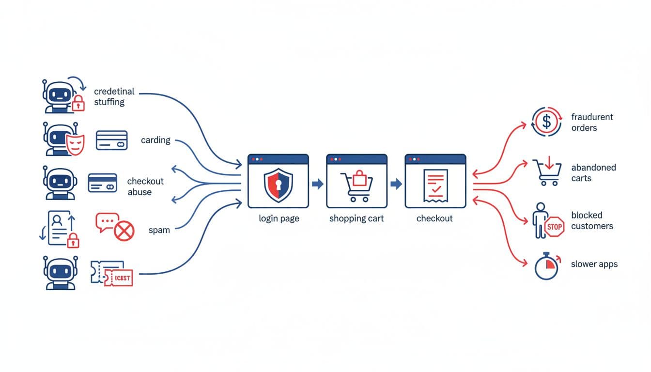Infographic with bot attack icons targeting login, cart, and checkout pages, leading to fraud and revenue losses.