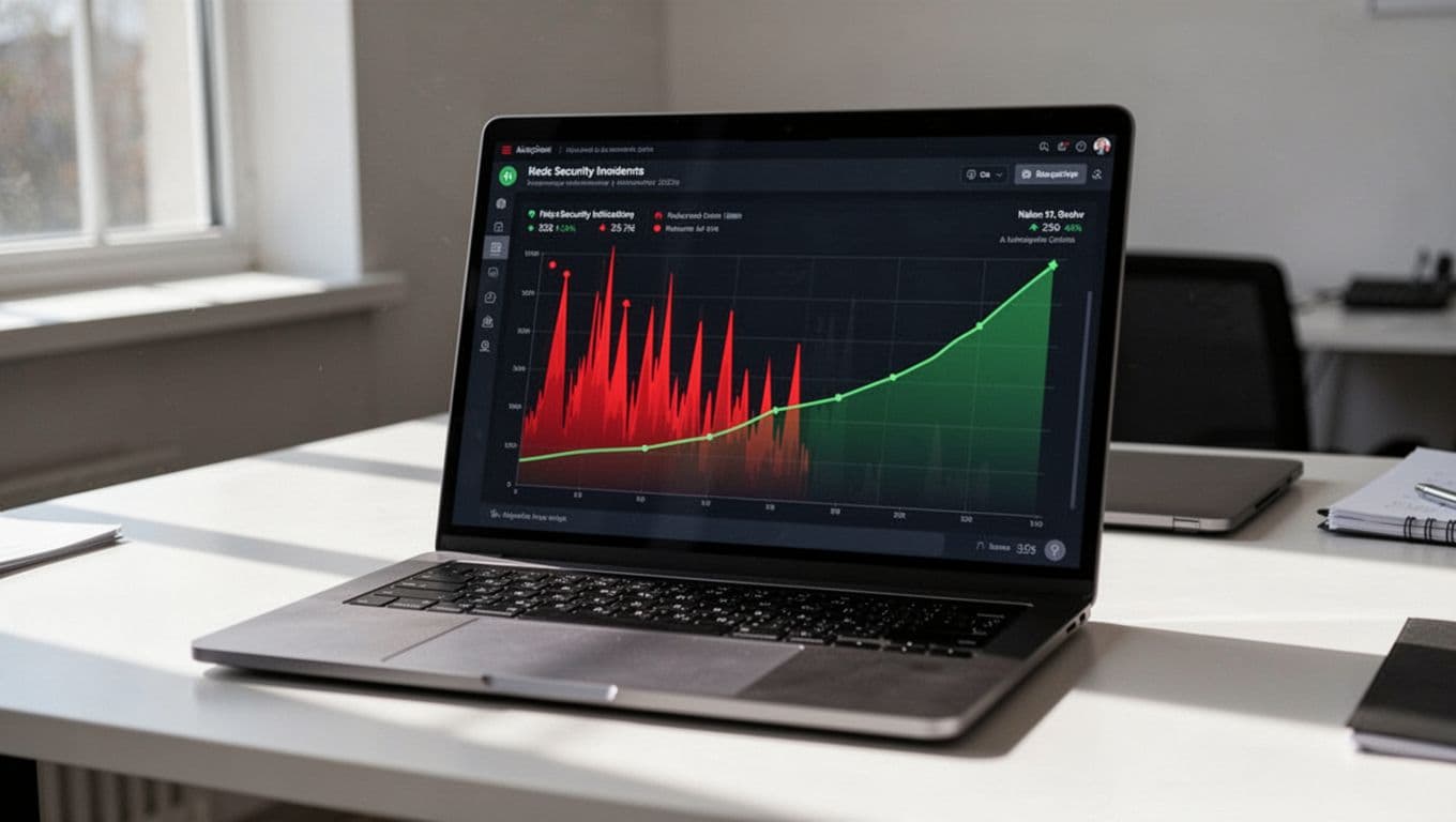 Laptop screen on desk displays dark UI dashboard with charts showing dropping red spikes and green baselines.